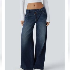 Halara Flex Womens Asymmetric Low Rise Zipper Baggy Wide Leg Washed Casual Jeans